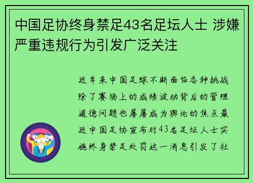 中国足协终身禁足43名足坛人士 涉嫌严重违规行为引发广泛关注