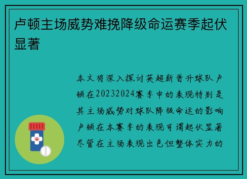 卢顿主场威势难挽降级命运赛季起伏显著