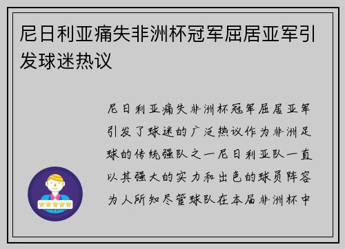 尼日利亚痛失非洲杯冠军屈居亚军引发球迷热议